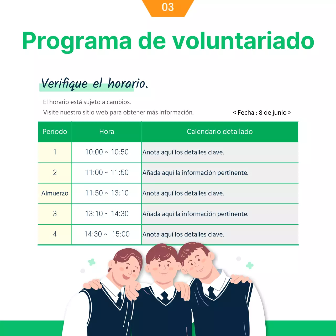 Concepto de ilustración verde y naranja Reclutamiento de estudiantes universitarios voluntarios