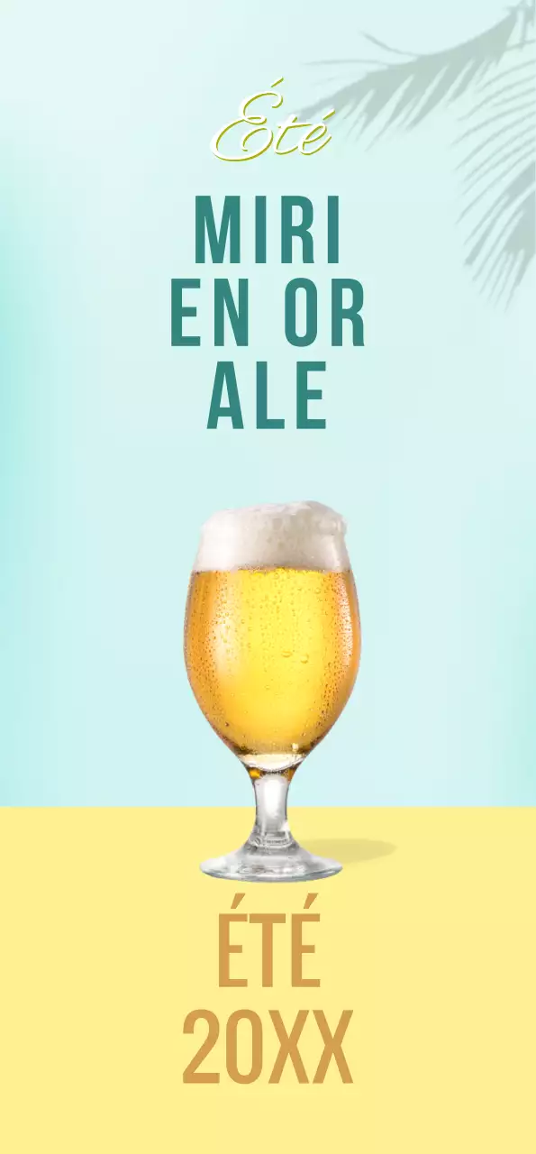 Bannière avec bière jaune et ombre de palmier sur fond menthe