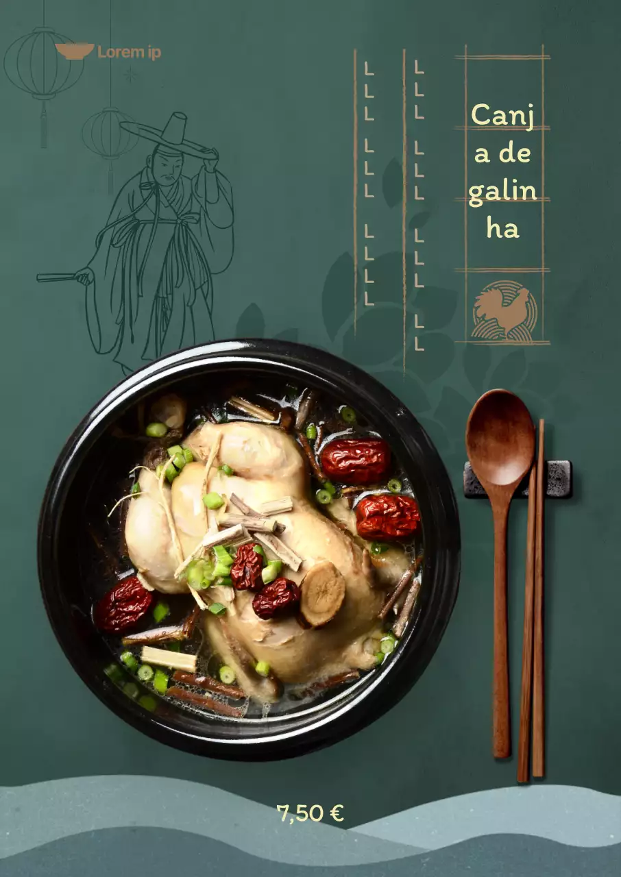 Ementa de verão com fundo verde escuro e ilustrações orientais