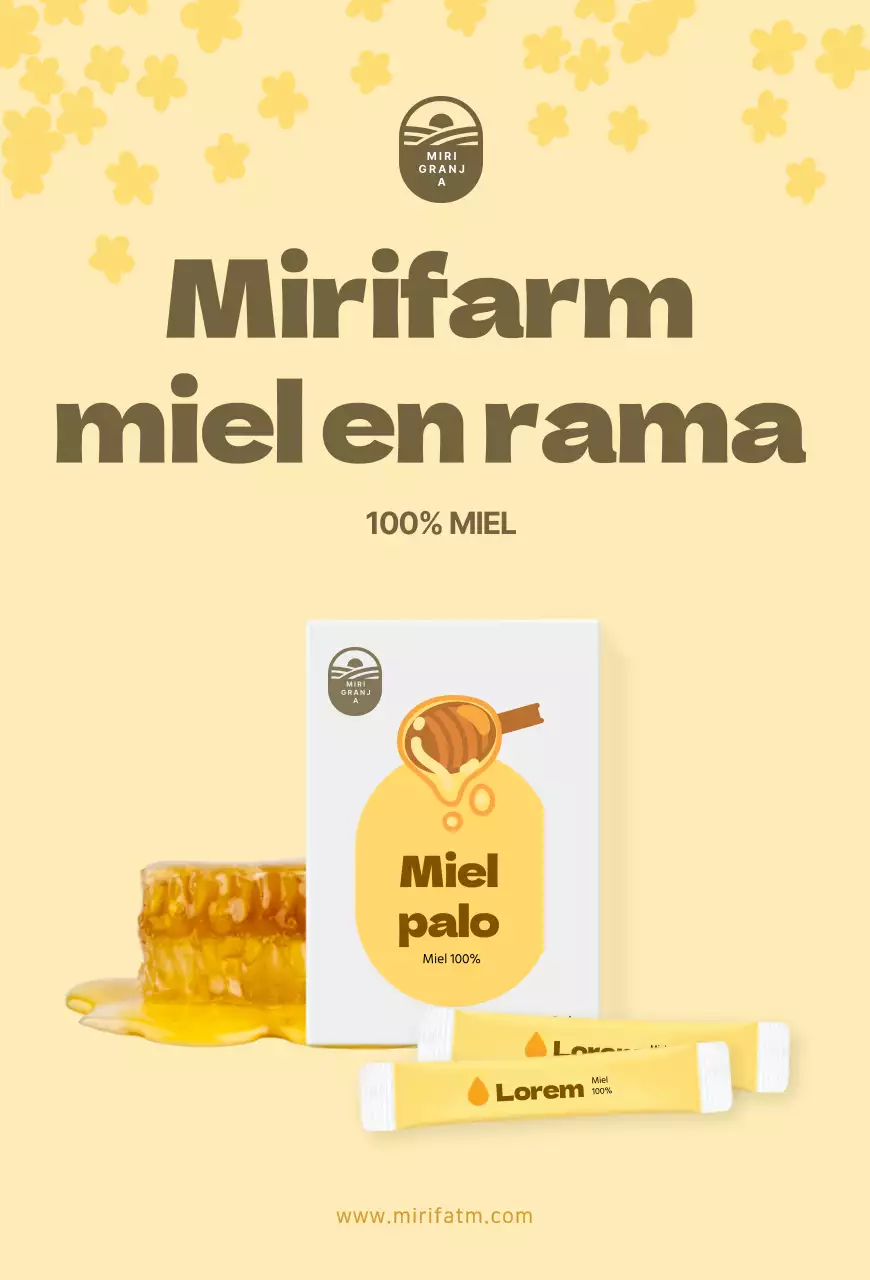 Postal amarilla con un bonito palito de miel para promocionar un producto