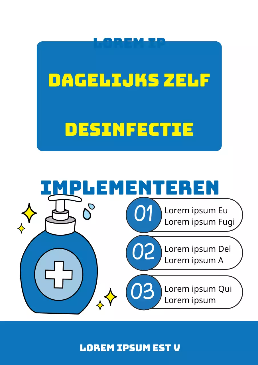 Een eenvoudige blauw met gele flyer die de desinfectie en ontsmetting van de winkel aankondigt.