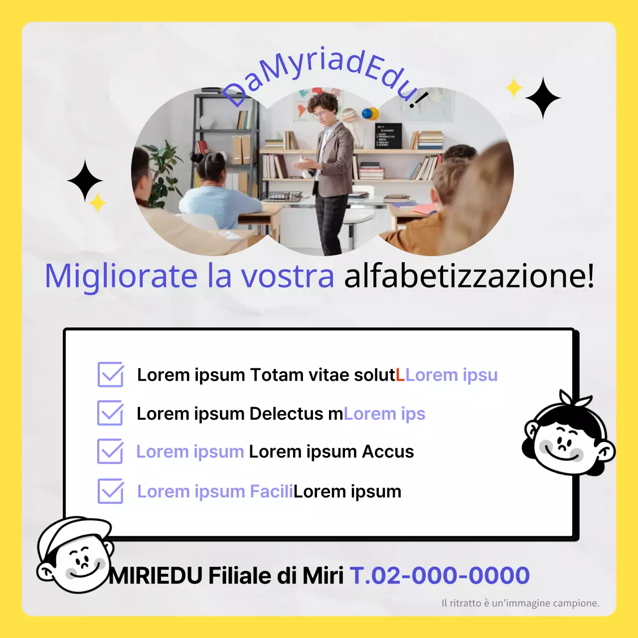 Promuovere la formazione all'alfabetizzazione con un concetto di scarabocchio kitsch giallo-blu