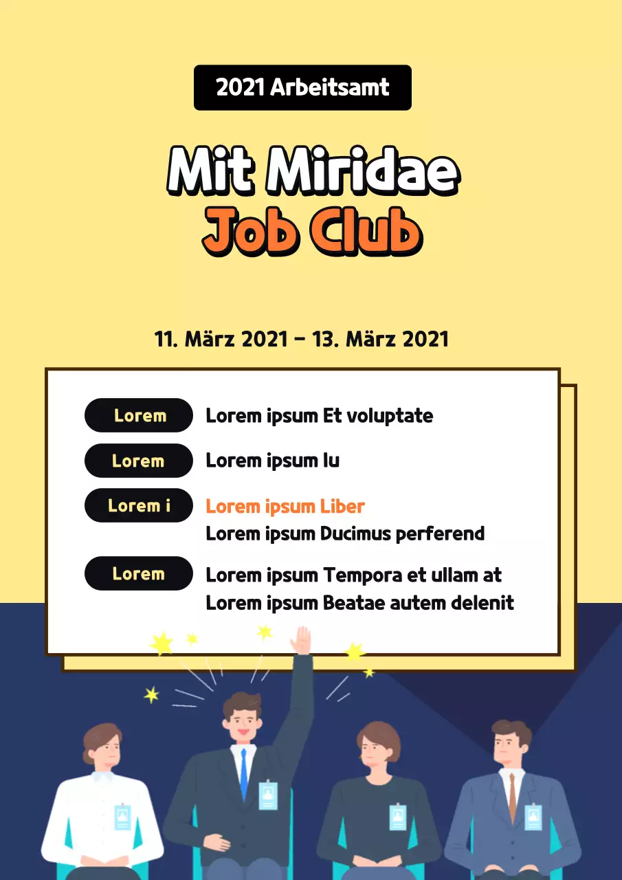 Ein übersichtlicher, gelb-weißer Leitfaden für Jobclubs an Universitäten