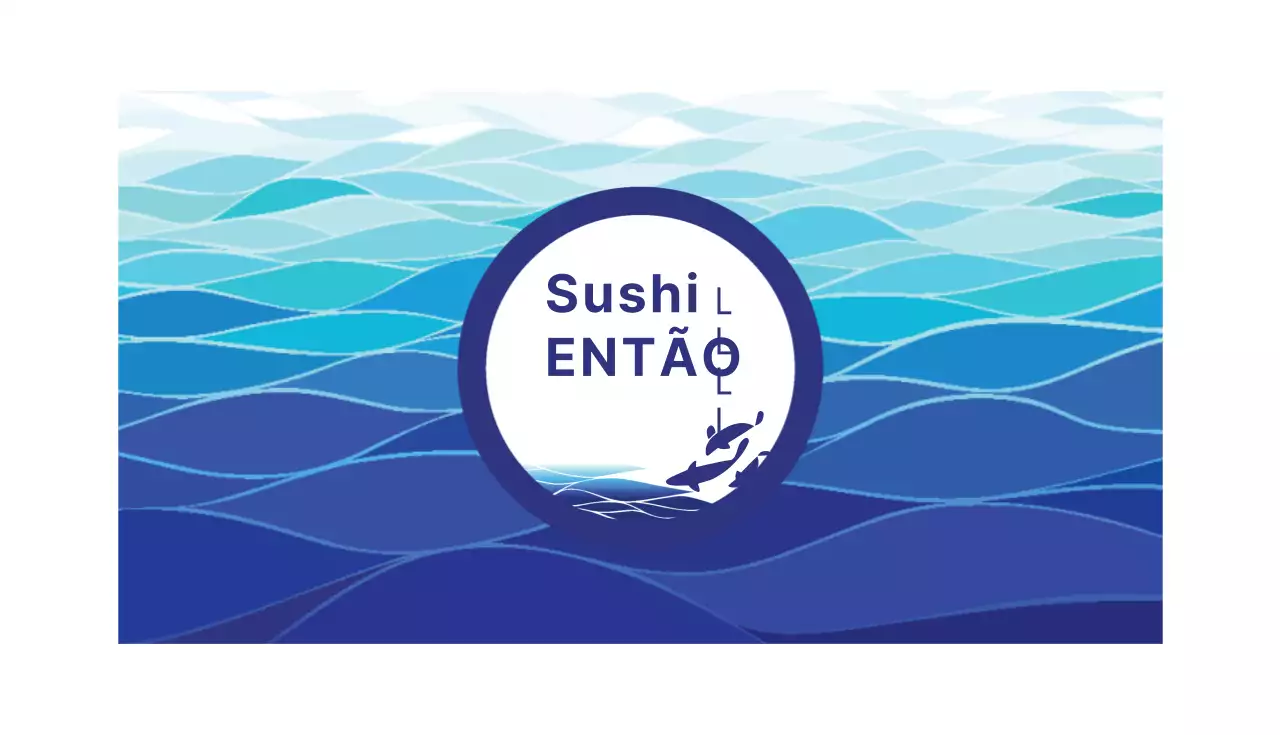 Cartão de selo de restaurante de sushi com ilustração de peixe e mar azul