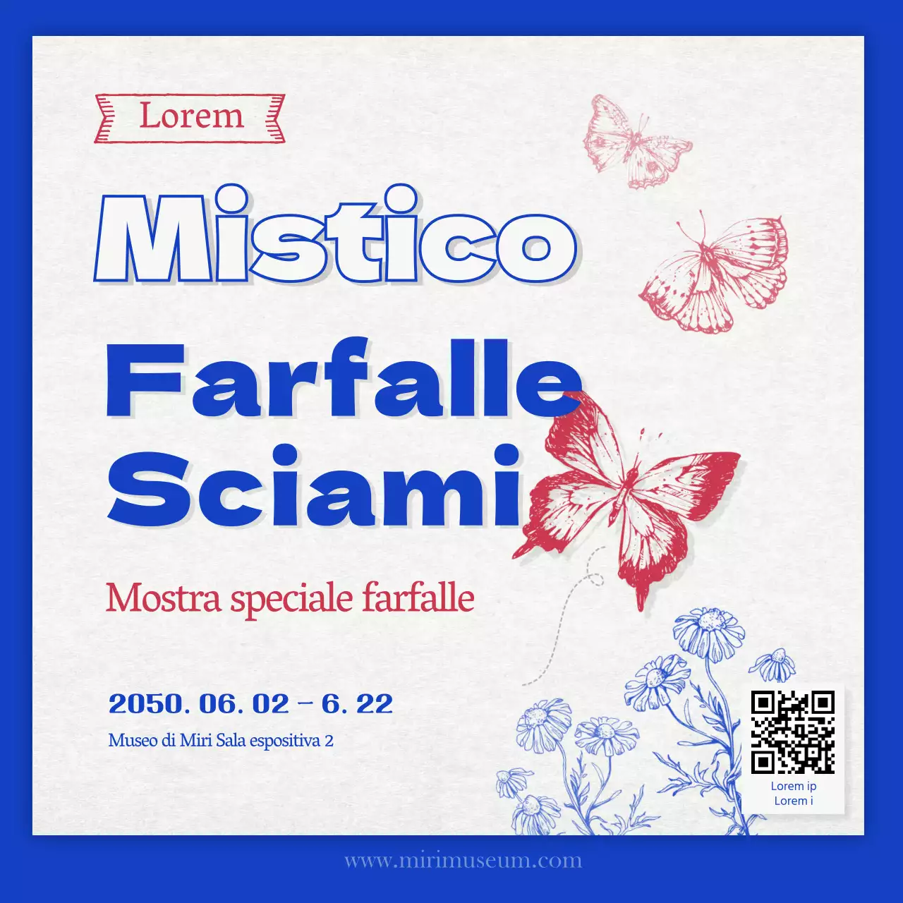 Mostra di esemplari di farfalle di concezione retrò in blu e rosso