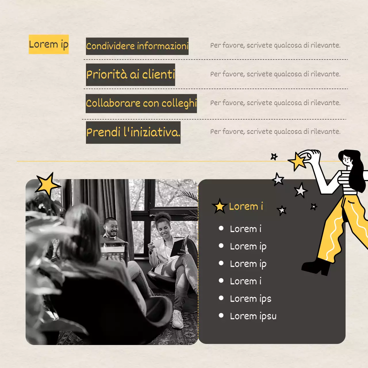 Annuncio di stage con sfondo in carta e illustrazione in giallo e nero