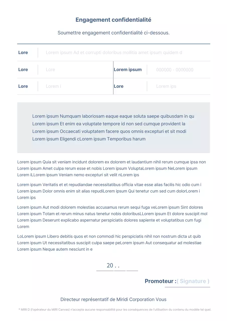Engagement de confidentialité pour les documents commerciaux en bleu clair