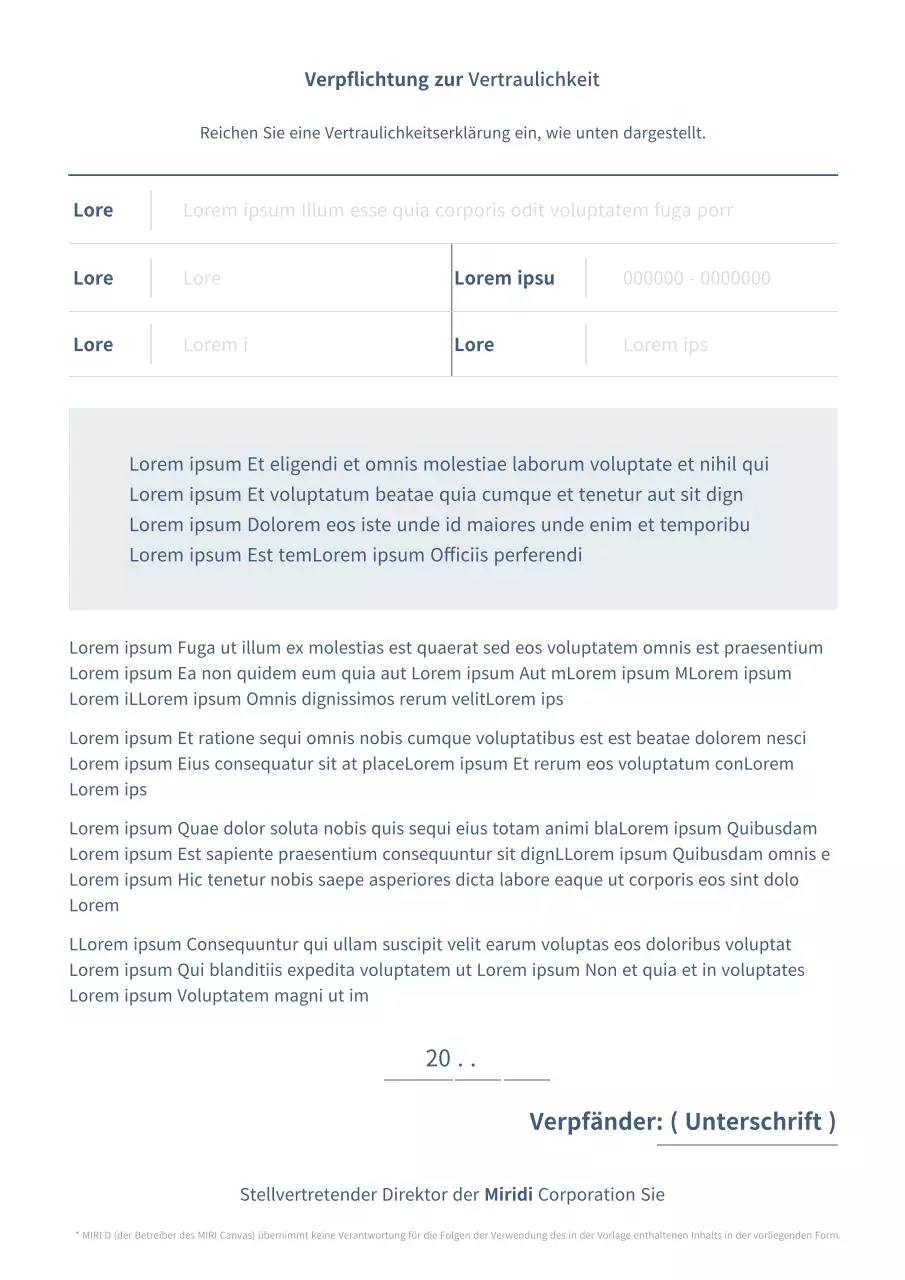Vertraulichkeitserklärung für Geschäftsdokumente in hellblau