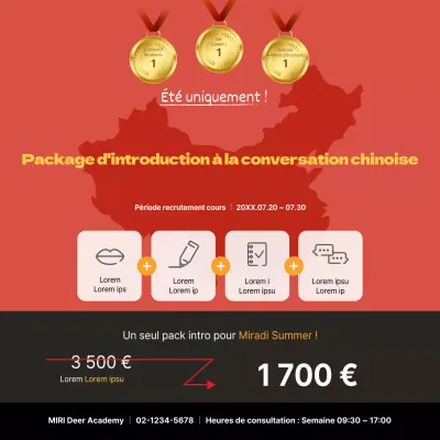 Bannière carrée pour la promotion d'une école d'initiation à la conversation chinoise avec une illustration de carte rouge.