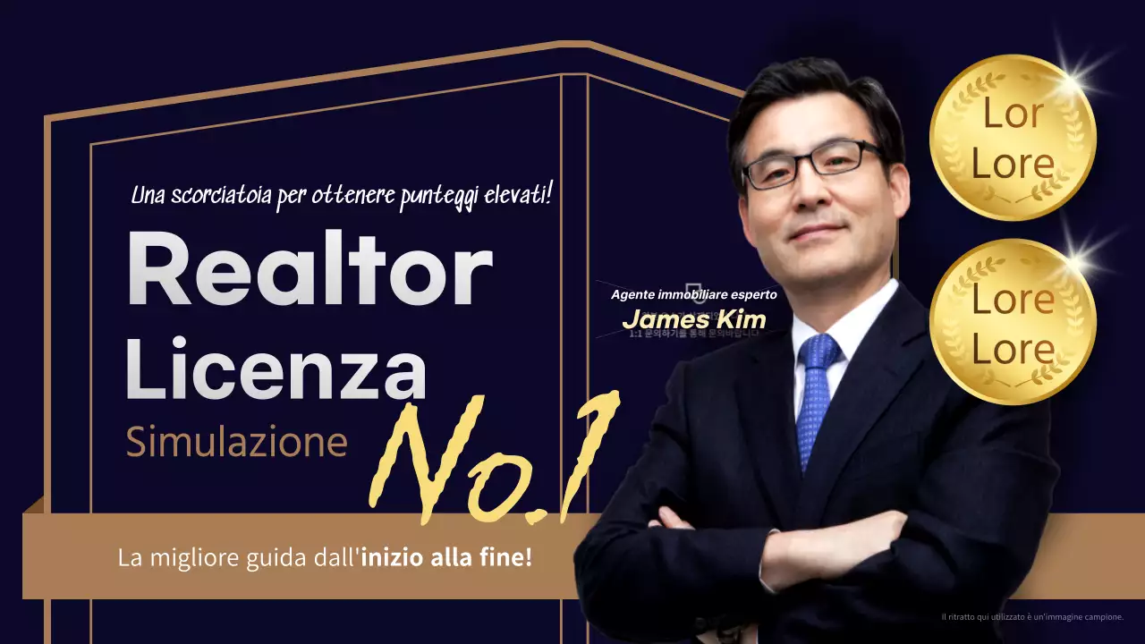 Domande e risposte per il test pratico di intermediazione immobiliare dall'aspetto professionale, di colore blu e oro