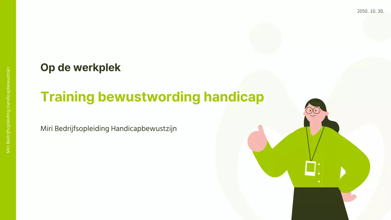 Witte en limoengroene illustratie voelt training over bewustzijn van invaliditeit PPT op de werkplek