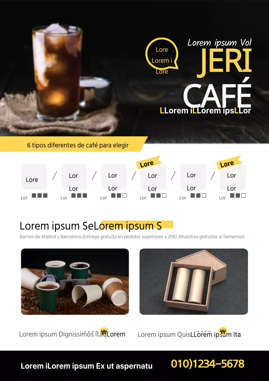 Folleto de café de goteo con descripciones de tipos de café amarillos y fotos de café