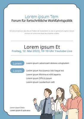 Ein einfacher, textlastiger Leitfaden für ein Wohlfahrtsforum mit blauen, lächelnden Illustrationen von Menschen