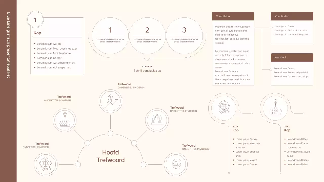 Een zakelijke conceptkit met minimalistische en eenvoudige lijnen in bruin.