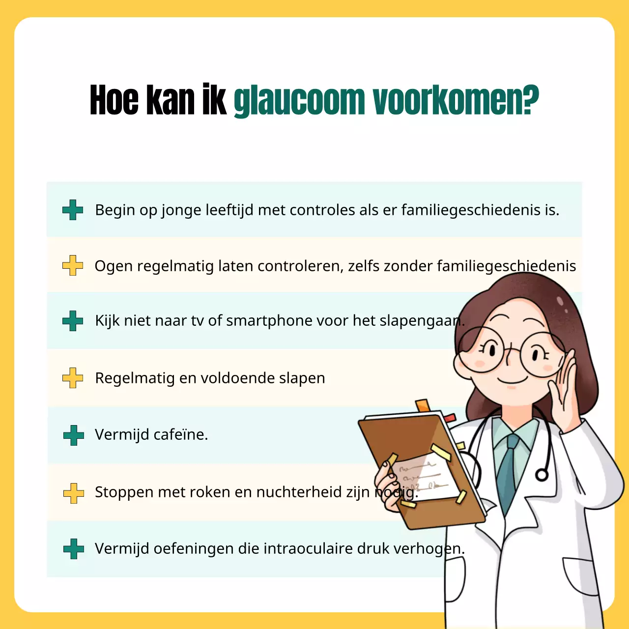 Glaucoom uitgelegd in een geel en groen illustratieconcept