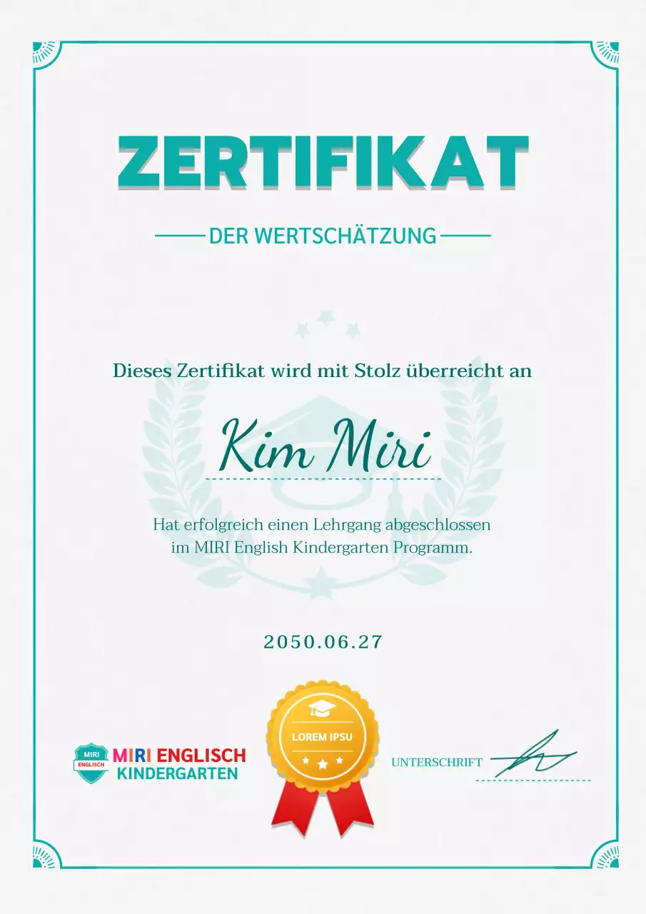 Einfaches englisches Kindergarten-Zertifikat in mint