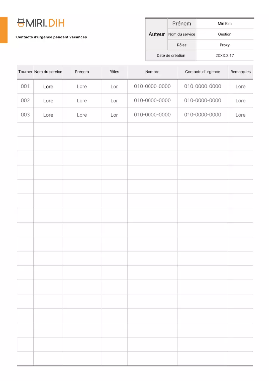 Documentation simple sur la liste des personnes à contacter en cas d'urgence pendant les vacances