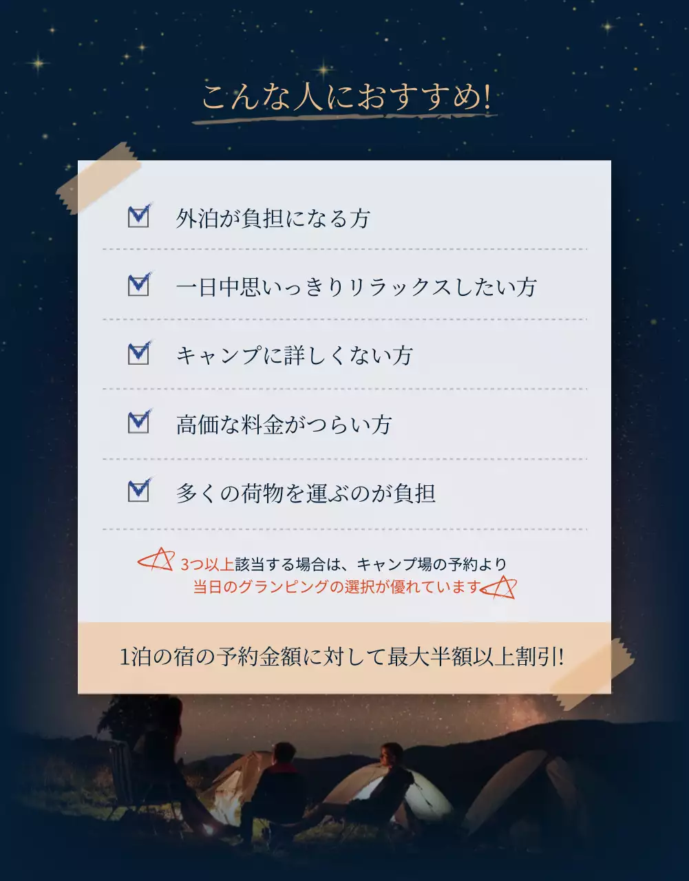 青 モダン キャンプ 報告書 詳細ページ