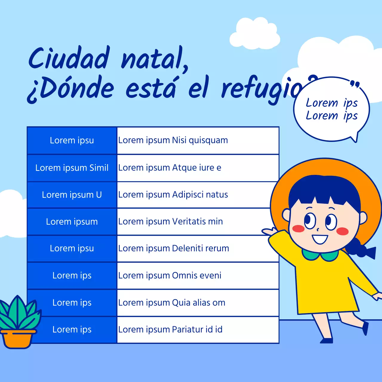 Divulgación del horario de refugio para la ola de calor veraniega con simpáticas y sencillas ilustraciones de personajes en azul claro y azul.