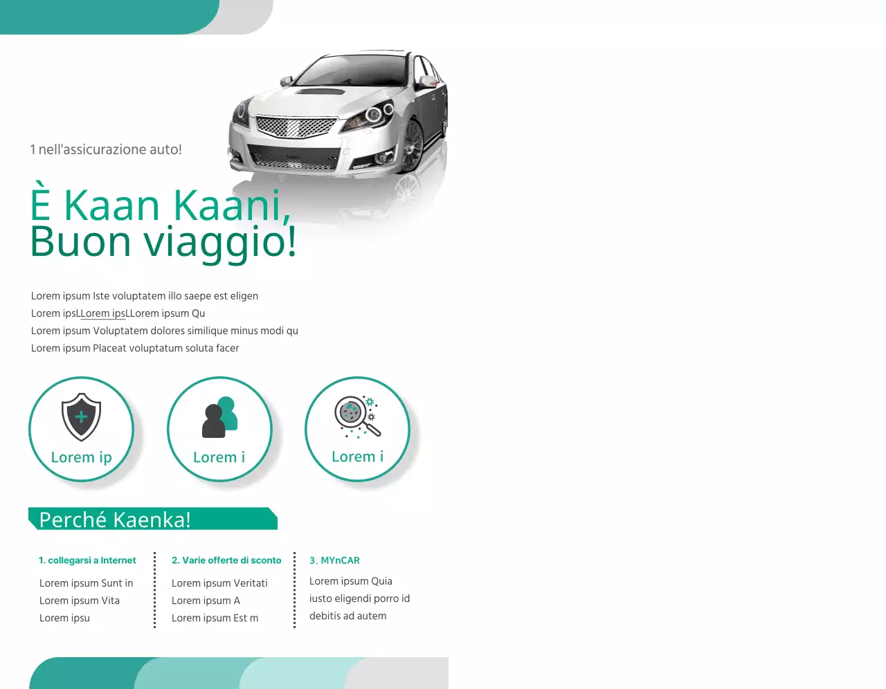 Promuovere l'assicurazione auto con foto e pittogrammi turchesi e bianchi.