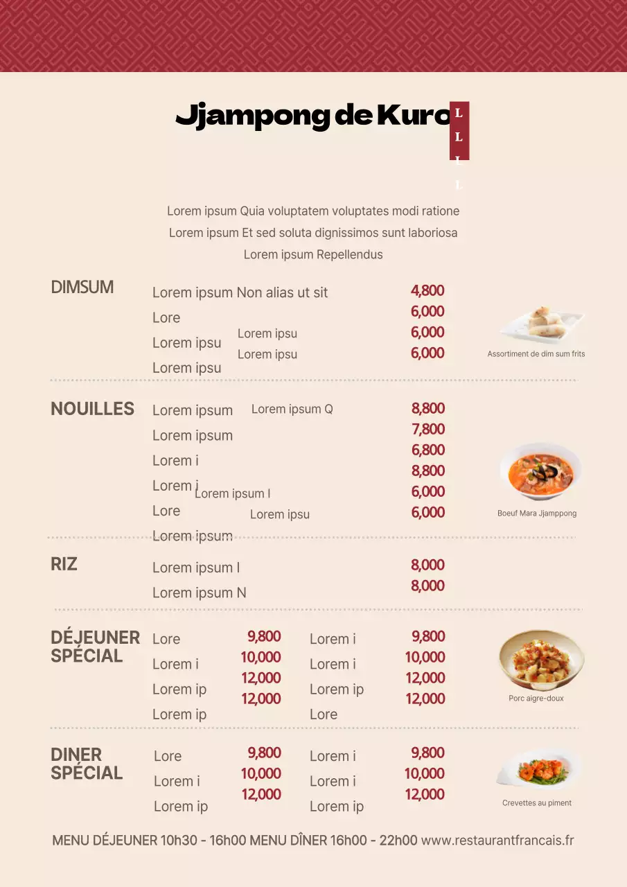 Menu de restaurant chinois avec motifs rouges traditionnels et photos de plats