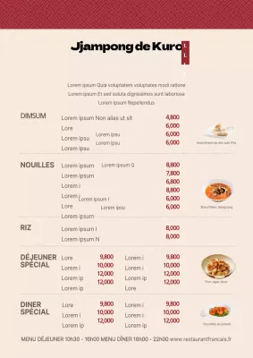 Menu de restaurant chinois avec motifs rouges traditionnels et photos de plats