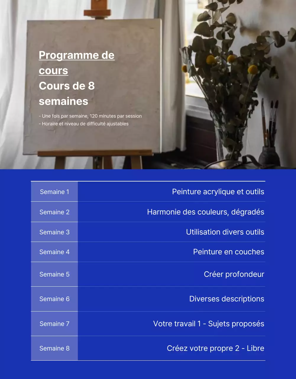 Annonce d'un cours d'art d'une journée avec une touche de beige et de bleu