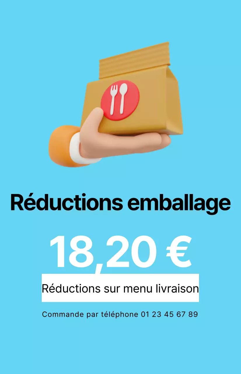 Une promotion de réduction propre avec une image à emporter sur un fond bleu clair.