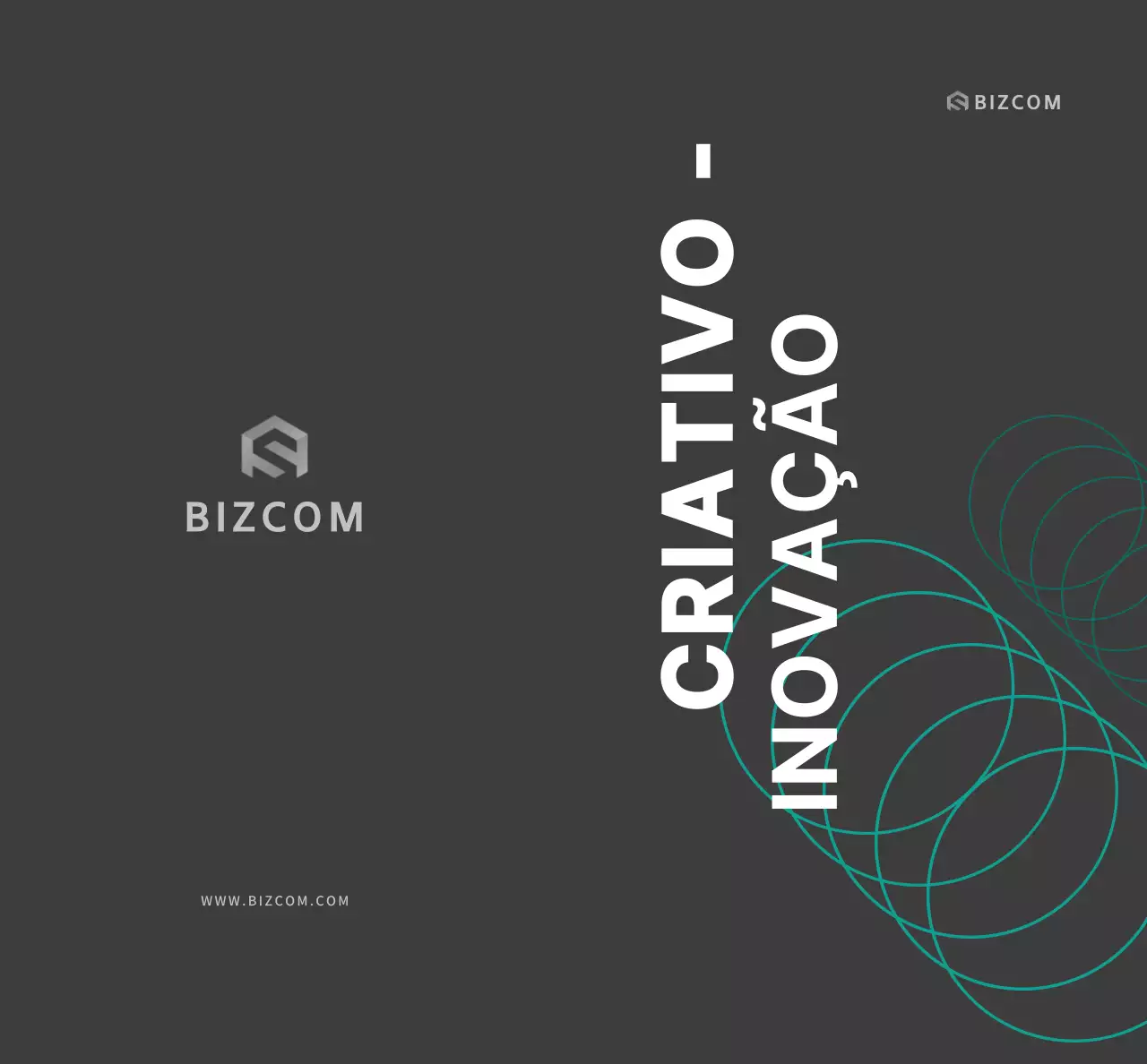 Promoção simples da empresa bizcom com texto e ilustrações a preto e cinzento