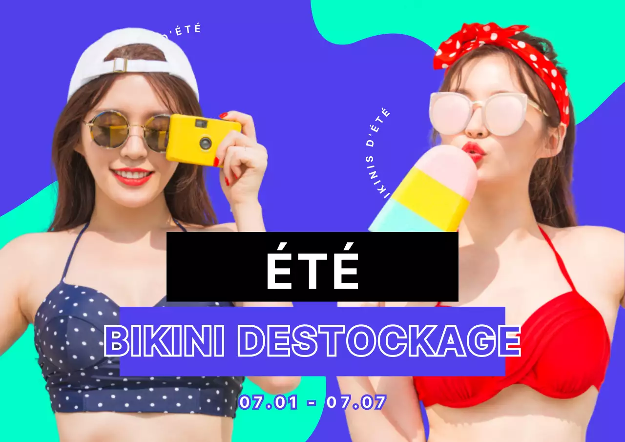 Une affiche de vente de bikinis pour l'été avec des accents bleus et verts néon.