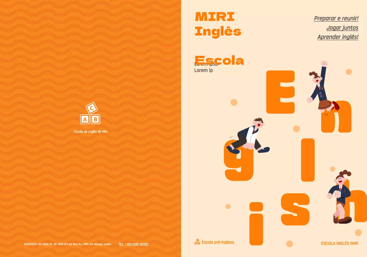 Promover uma escola de inglês com uma ilustração de alunos com uniformes cor de laranja.
