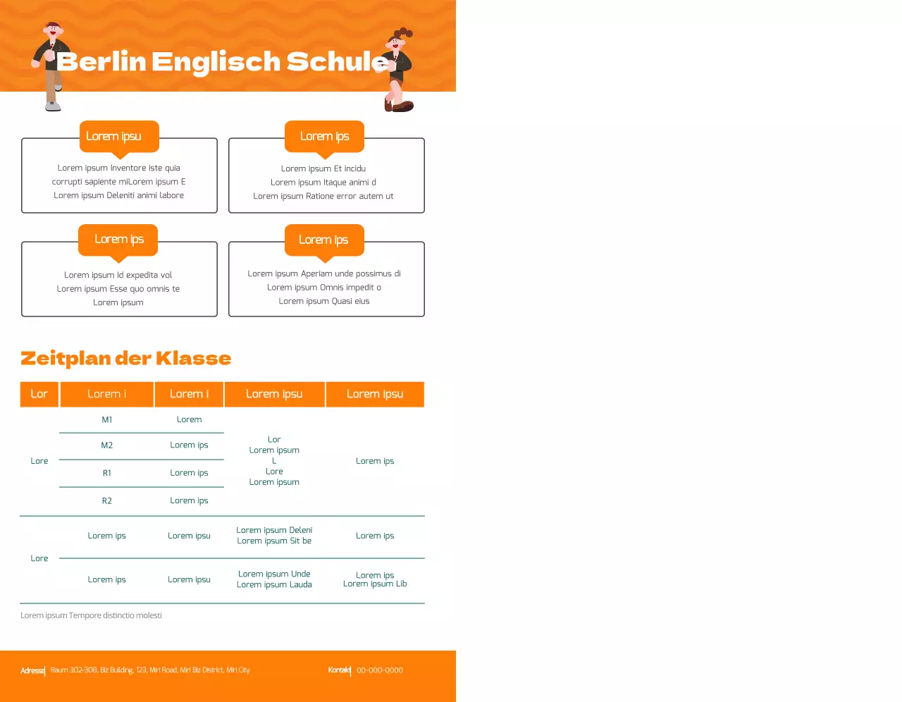 Bewerben Sie eine englische Sprachschule mit einer Illustration von Schülern in orangefarbenen Uniformen.