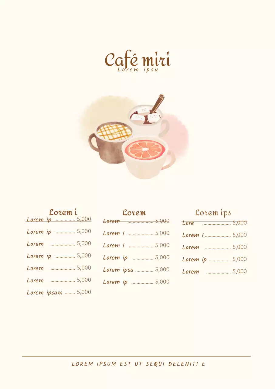 Menú de cafetería con ilustraciones de bebidas en acuarela marfil