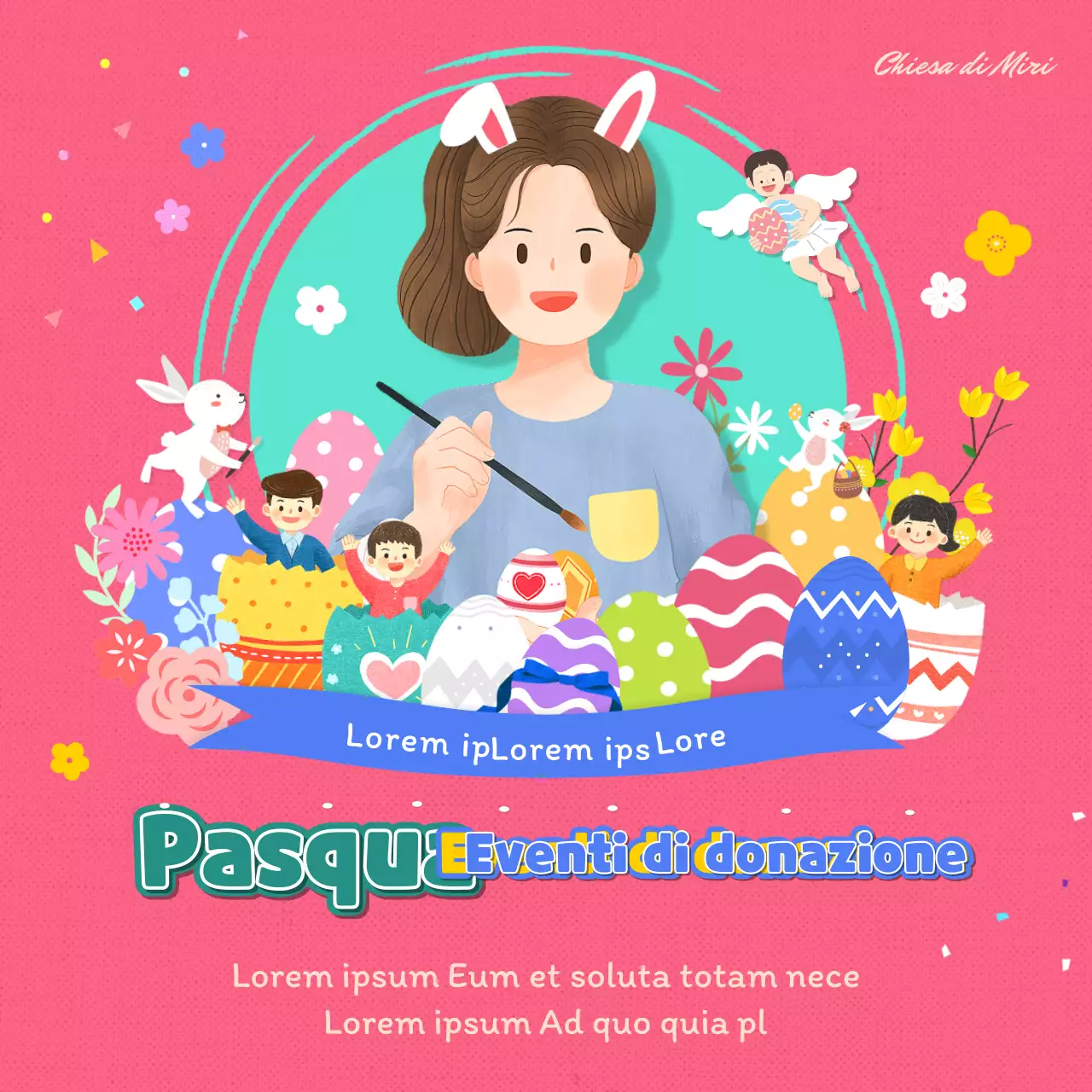 Celebrazioni pasquali sui social media con simpatiche illustrazioni in rosa e menta.