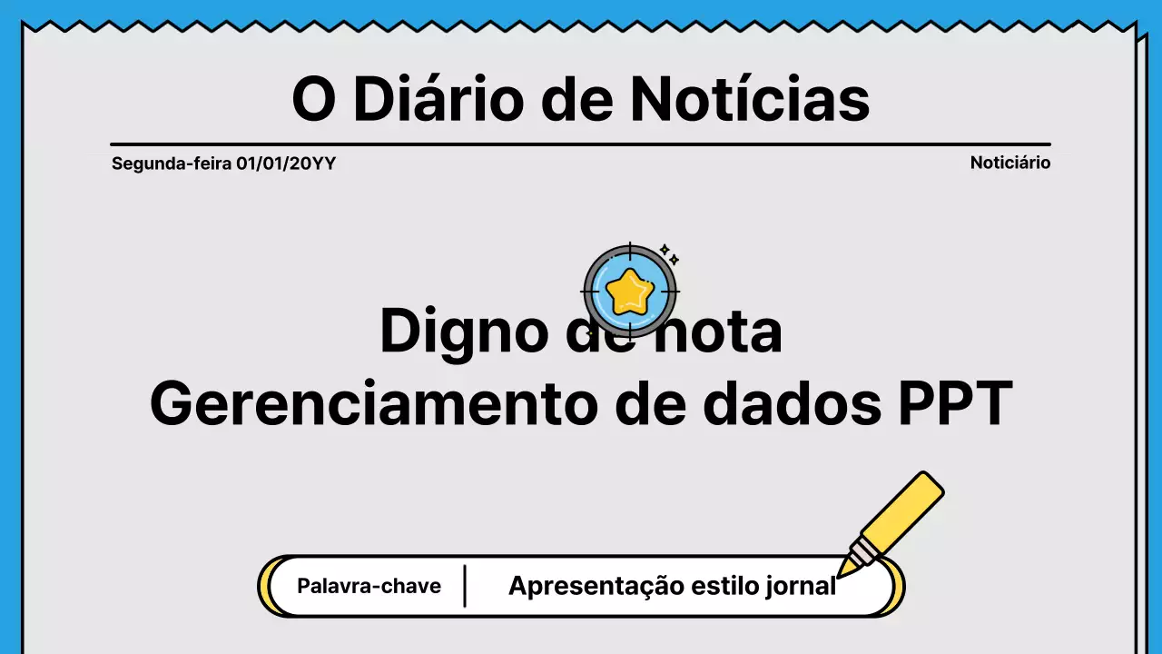Linhas arrojadas e apresentação apelativa num conceito de jornal com cores de destaque em amarelo e azul claro