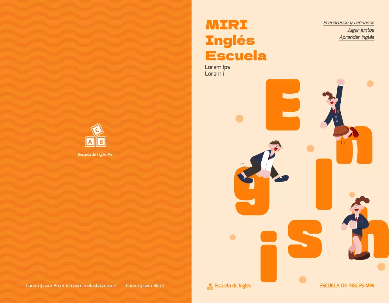 Promociona una academia de inglés con una ilustración de alumnos con uniforme naranja.