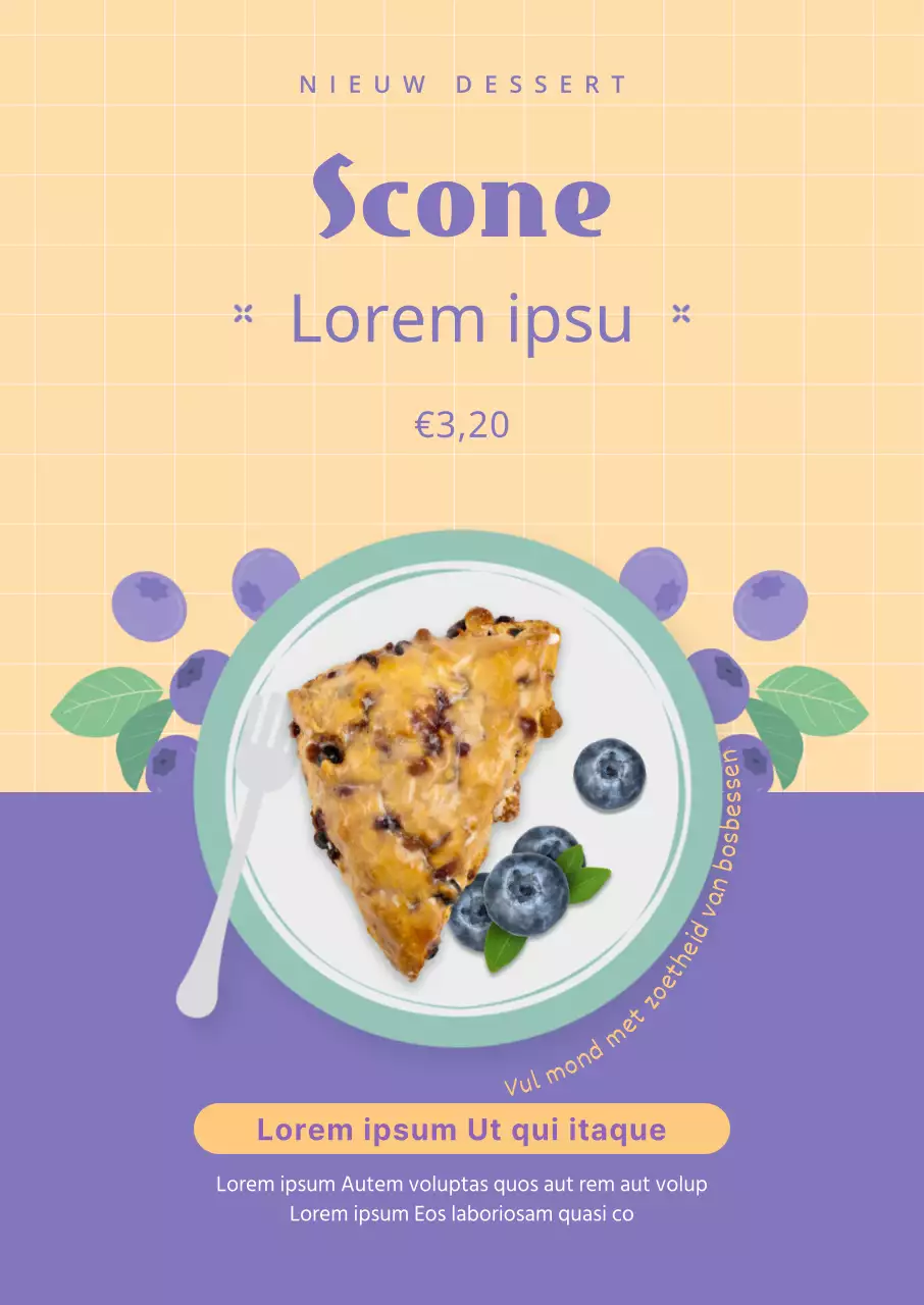 Een paarse en ivoorkleurige scone dessertkaart met foto's