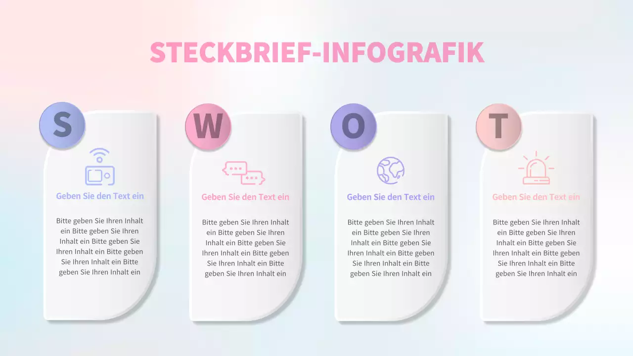 Eine pastellfarbene SWOT-Analyse in Rosa und Lila