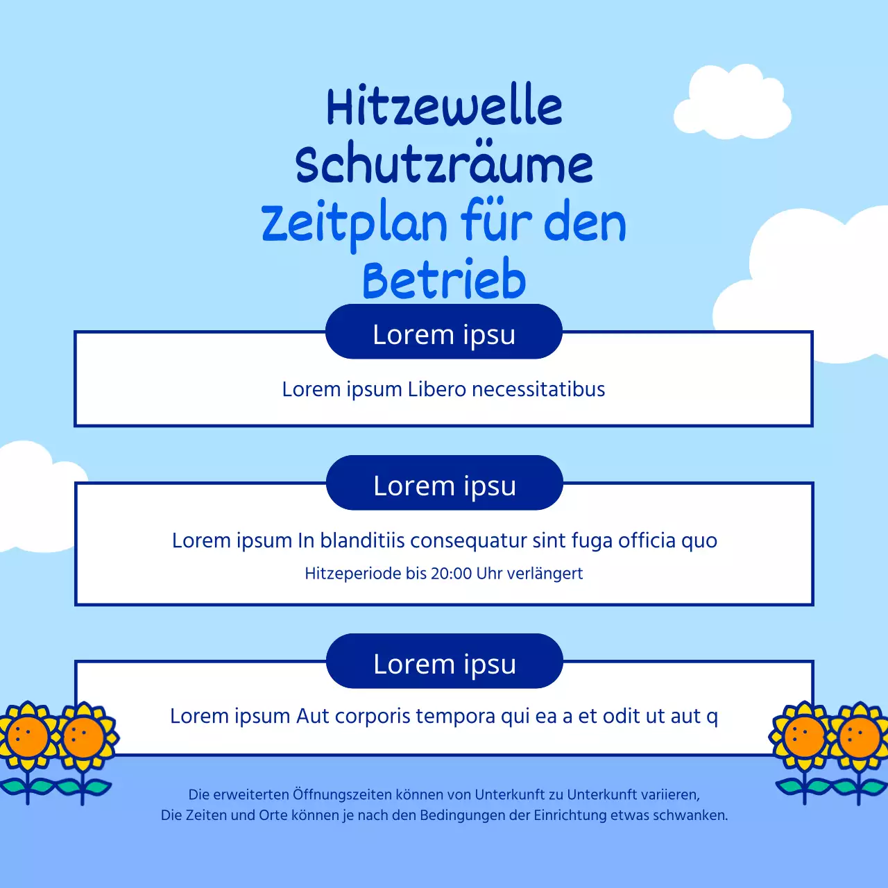 Sommerlicher Hitzewellen-Schutzplan mit niedlichen und einfachen Charakter-Illustrationen in Hellblau und Blau.