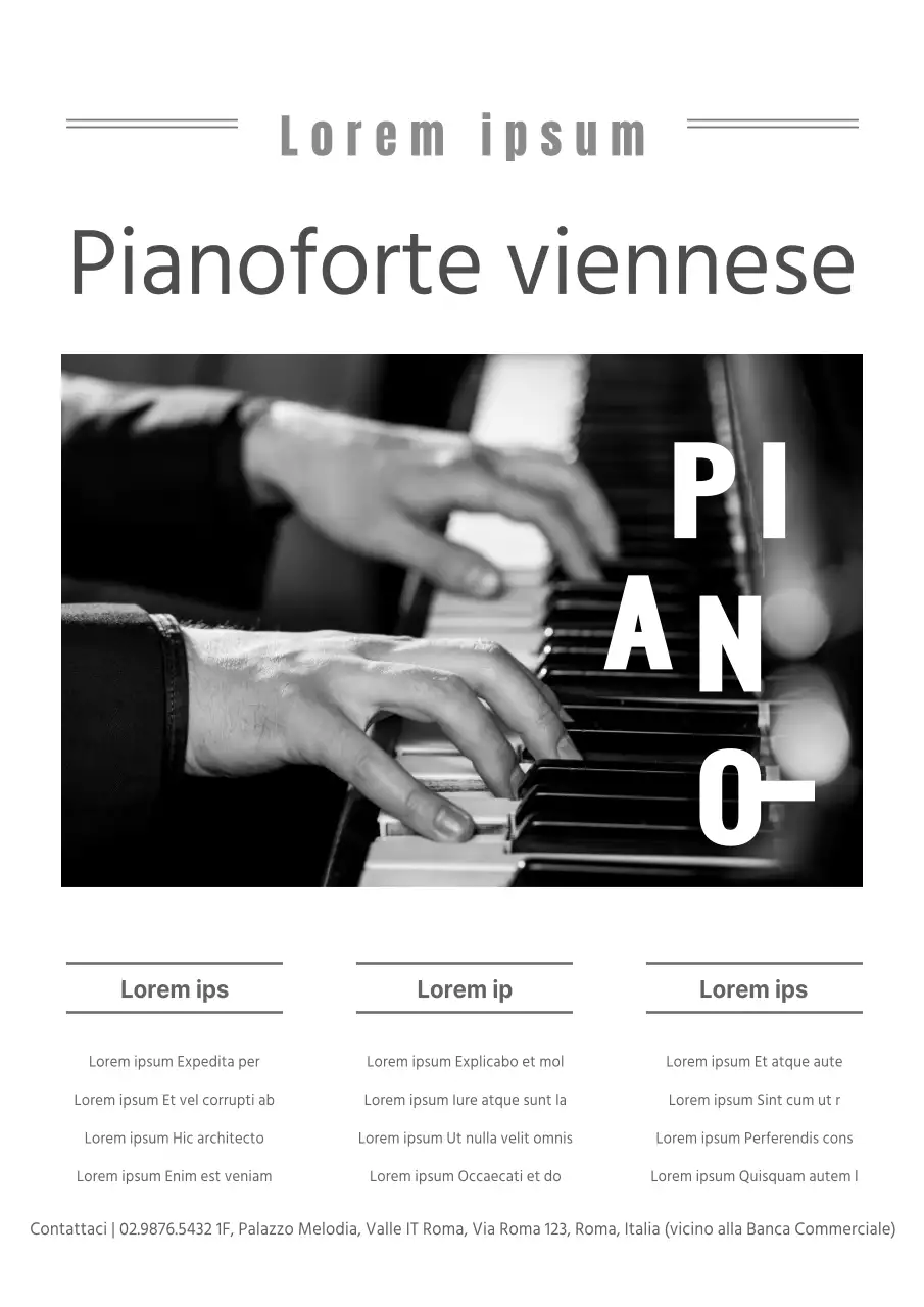 Promuovete una scuola di pianoforte pulita con una foto in bianco e nero di voi che suonate il pianoforte.