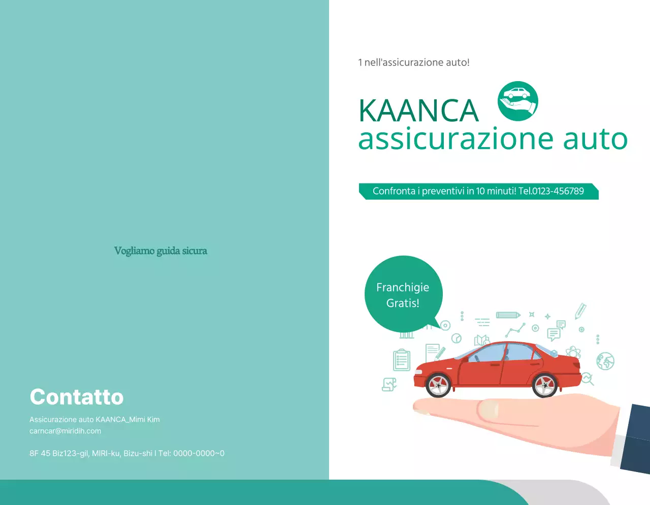 Promuovere l'assicurazione auto con foto e pittogrammi turchesi e bianchi.