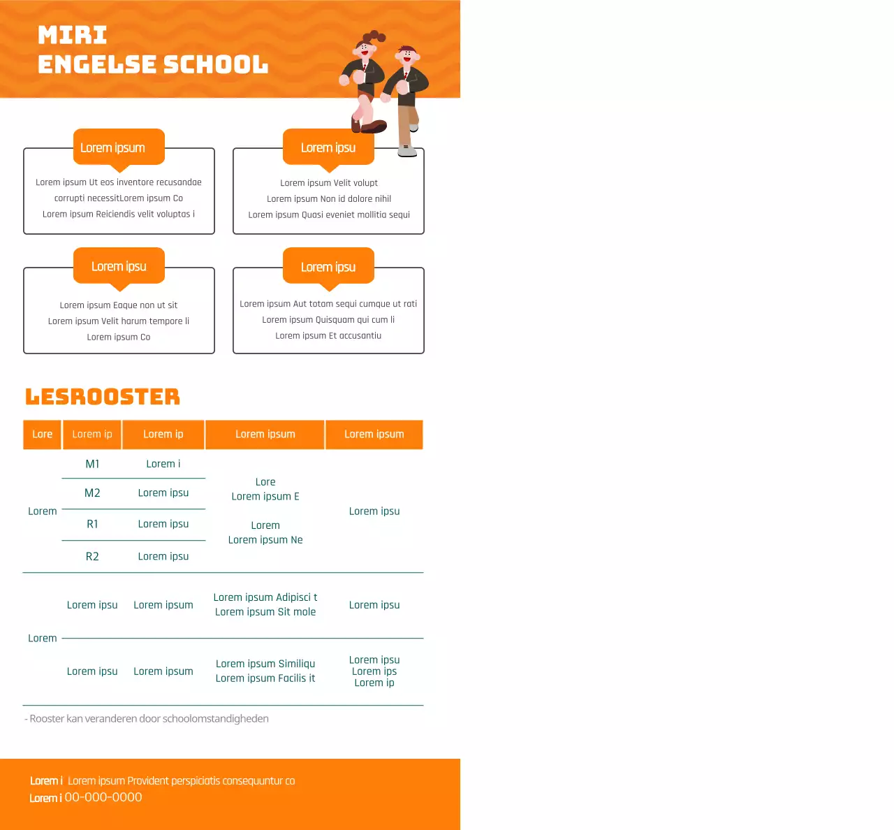 Promoot een Engelse taalschool met een illustratie van studenten in oranje uniformen.