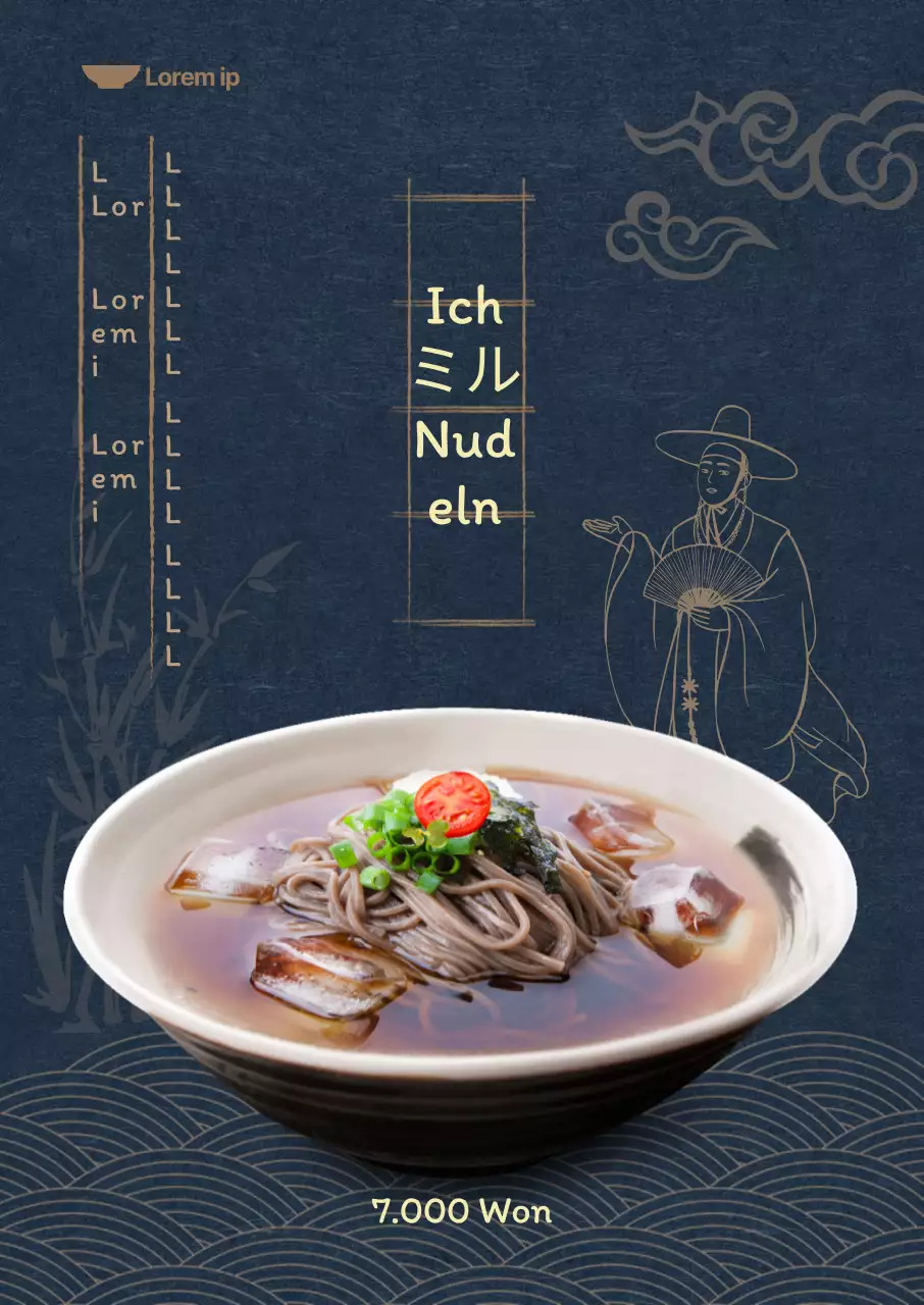 Sommermenü mit dunklem marineblauem Hintergrund und orientalischen Illustrationen