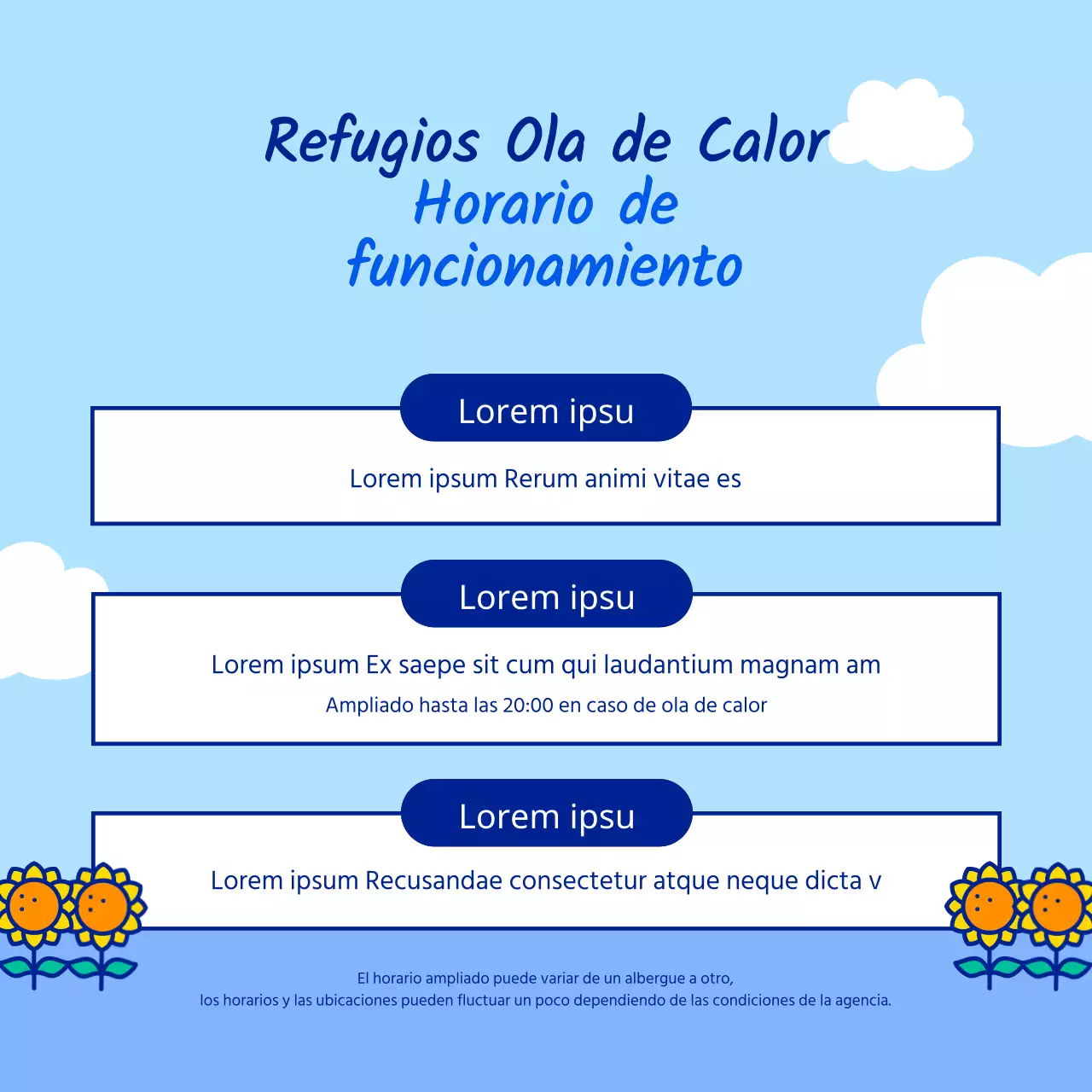 Divulgación del horario de refugio para la ola de calor veraniega con simpáticas y sencillas ilustraciones de personajes en azul claro y azul.