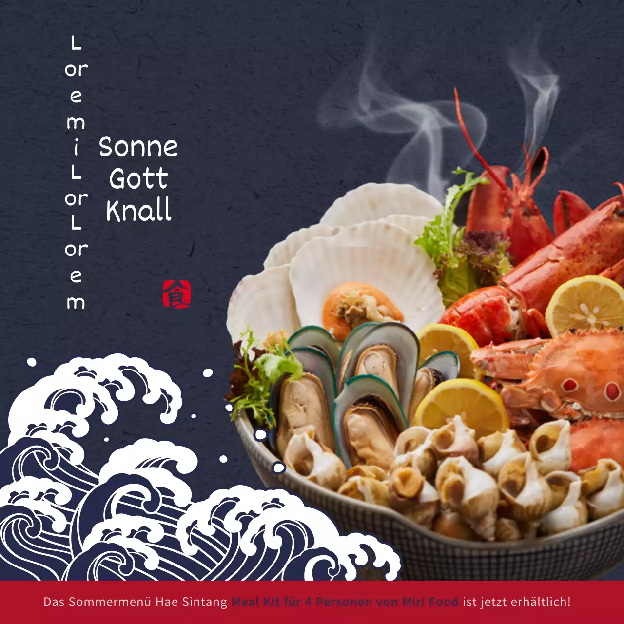 Werbung für das neue Hae-Shin-Tang, ein sommerliches Wohlfühlessen in Marineblau und Rottönen