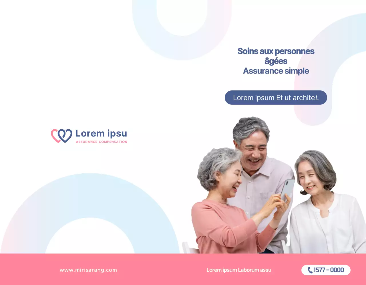 Texte et images simples en rose corail pour promouvoir l'assurance Mirisarang.