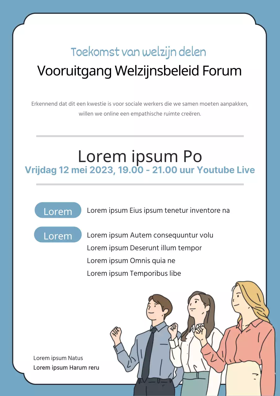 Een eenvoudige, tekstrijke welzijnsforumgids met blauwe, lachende mensenillustraties