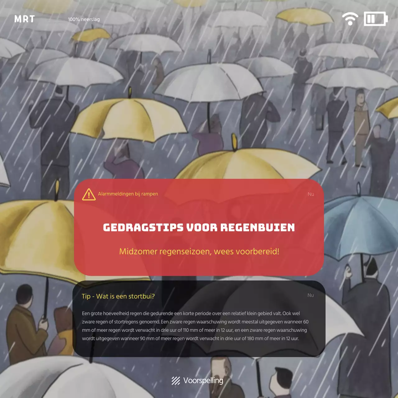 Trendy rood en blauw rampenalarm tekstconcept Zware regen waarschuwing informatie