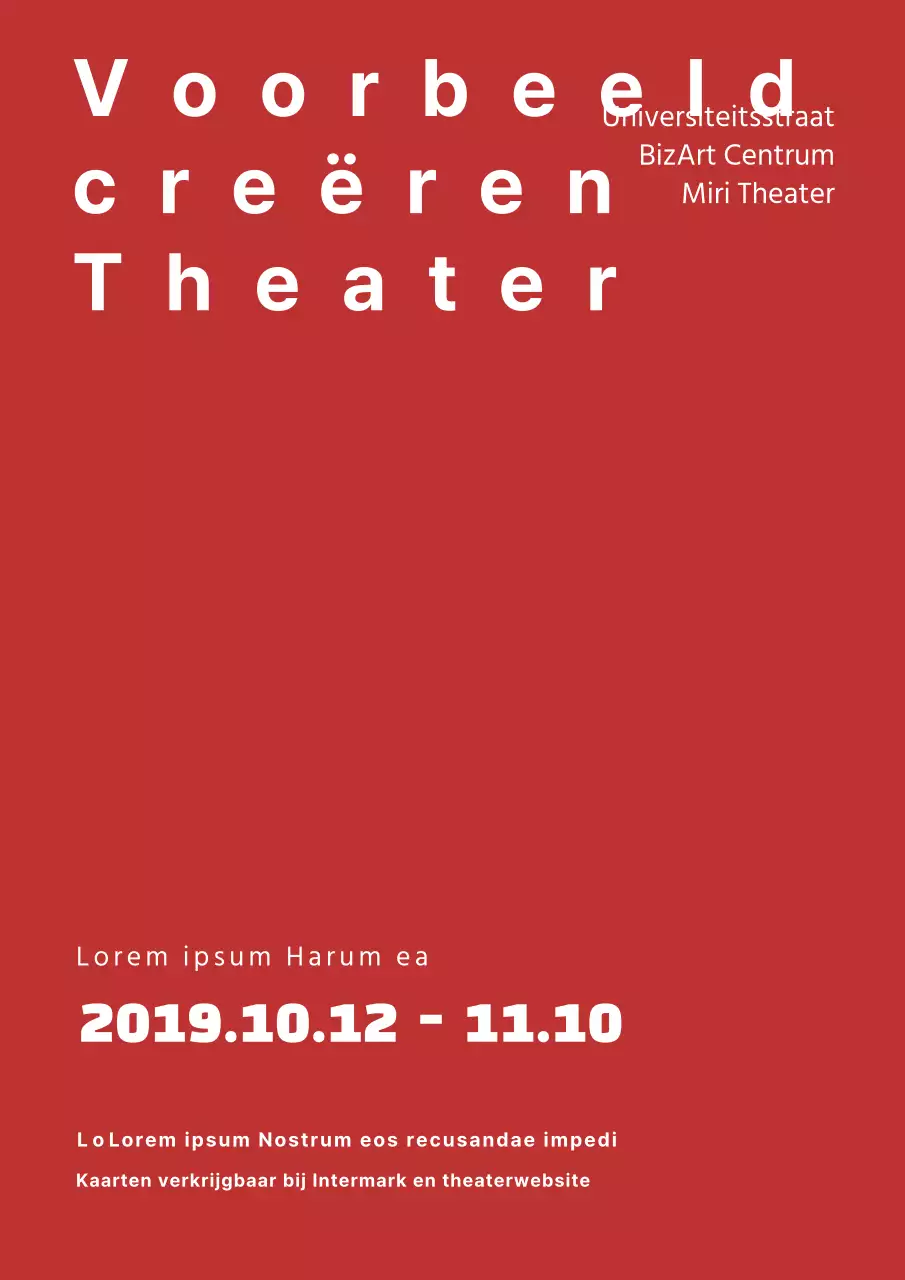 Eenvoudige concertposter met rode en witte tekst