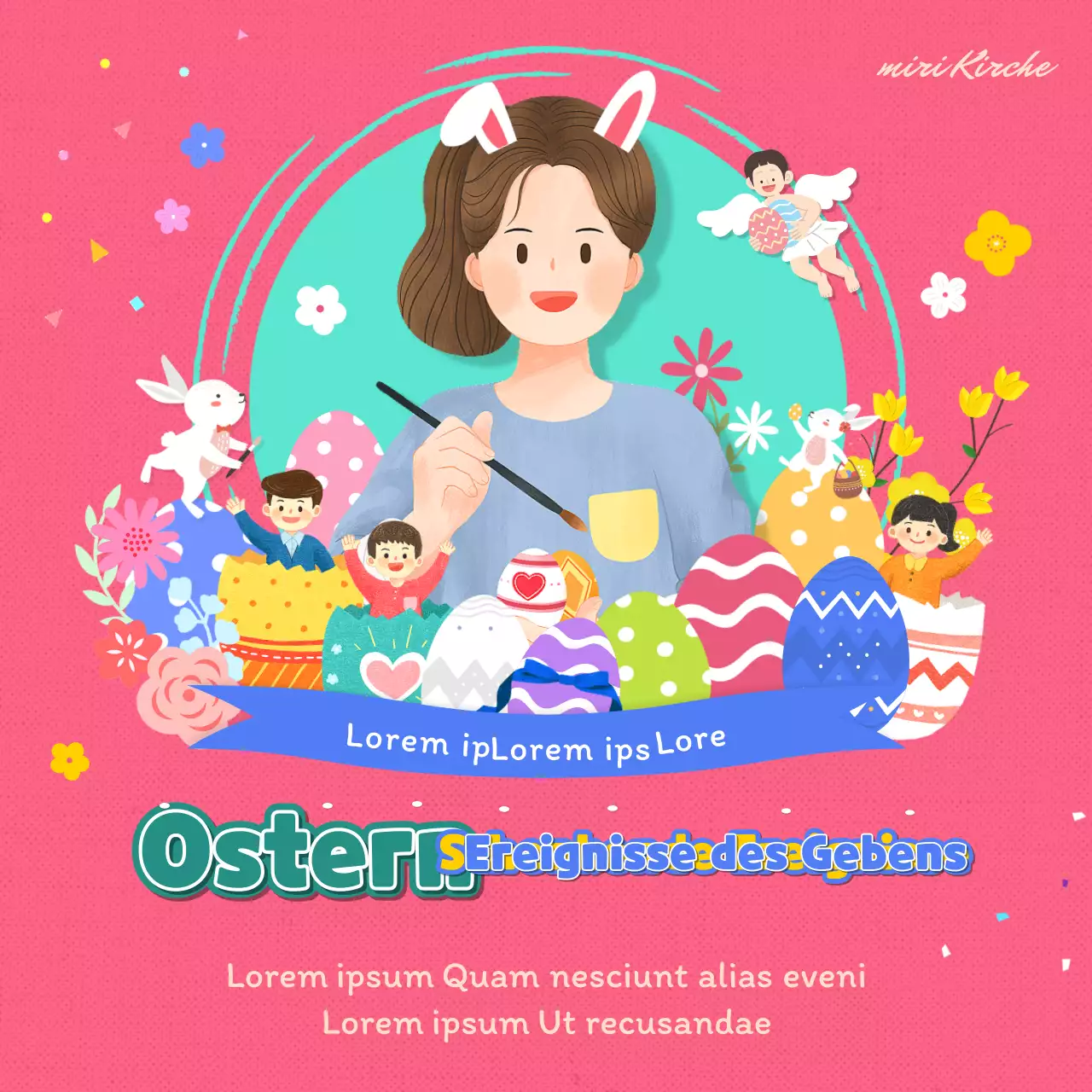 Osterfeiern in den sozialen Medien mit niedlichen Illustrationen in Rosa und Mint.
